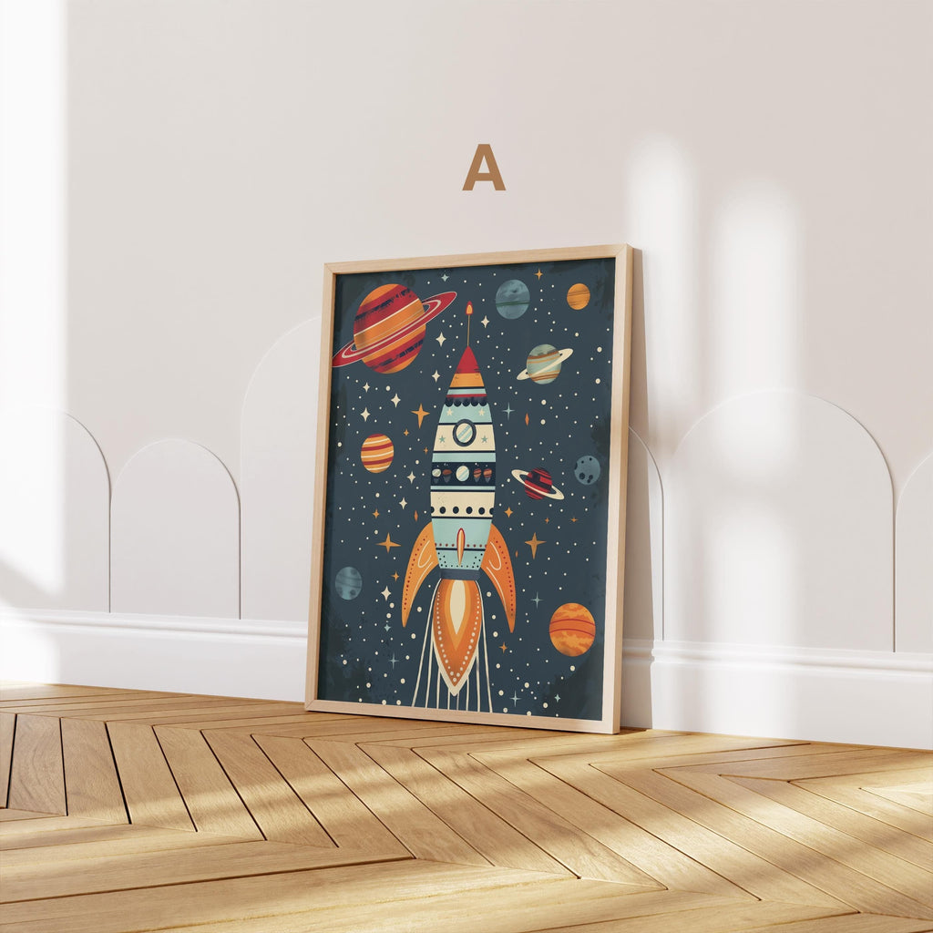 Astronaut Poster Kinderzimmer · Geschenkidee für Kinder · Kinderzimmer Deko  · Weltraum Rakete & Planeten · Deko Print ohne Rahmen