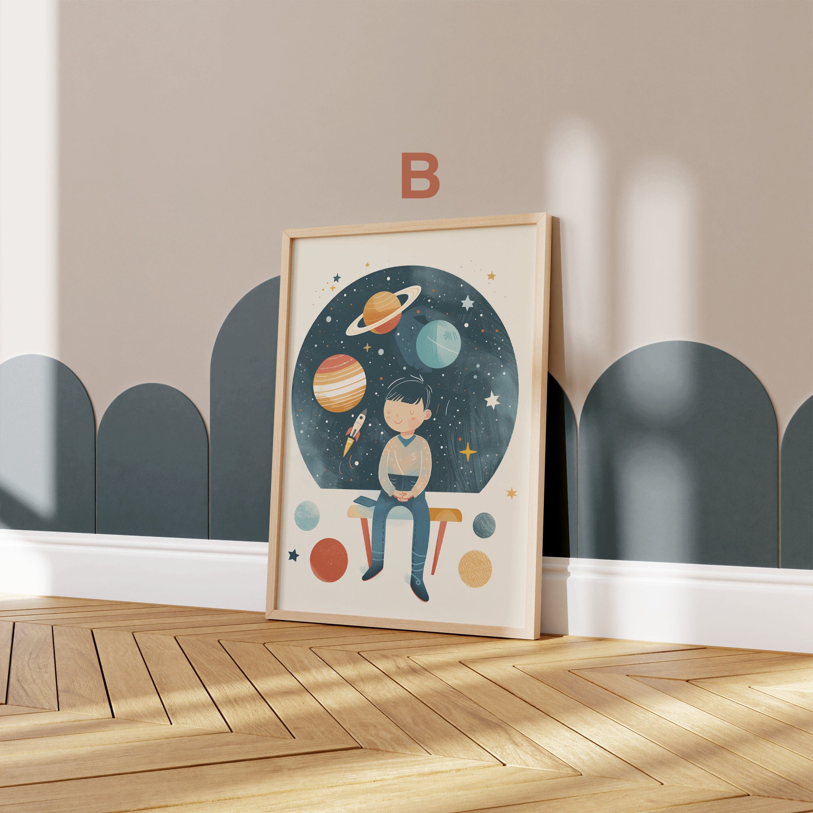 Astronaut Poster Kinderzimmer · Geschenkidee für Kinder · Kinderzimmer Deko  · Weltraum Rakete & Planeten · Deko Print ohne Rahmen