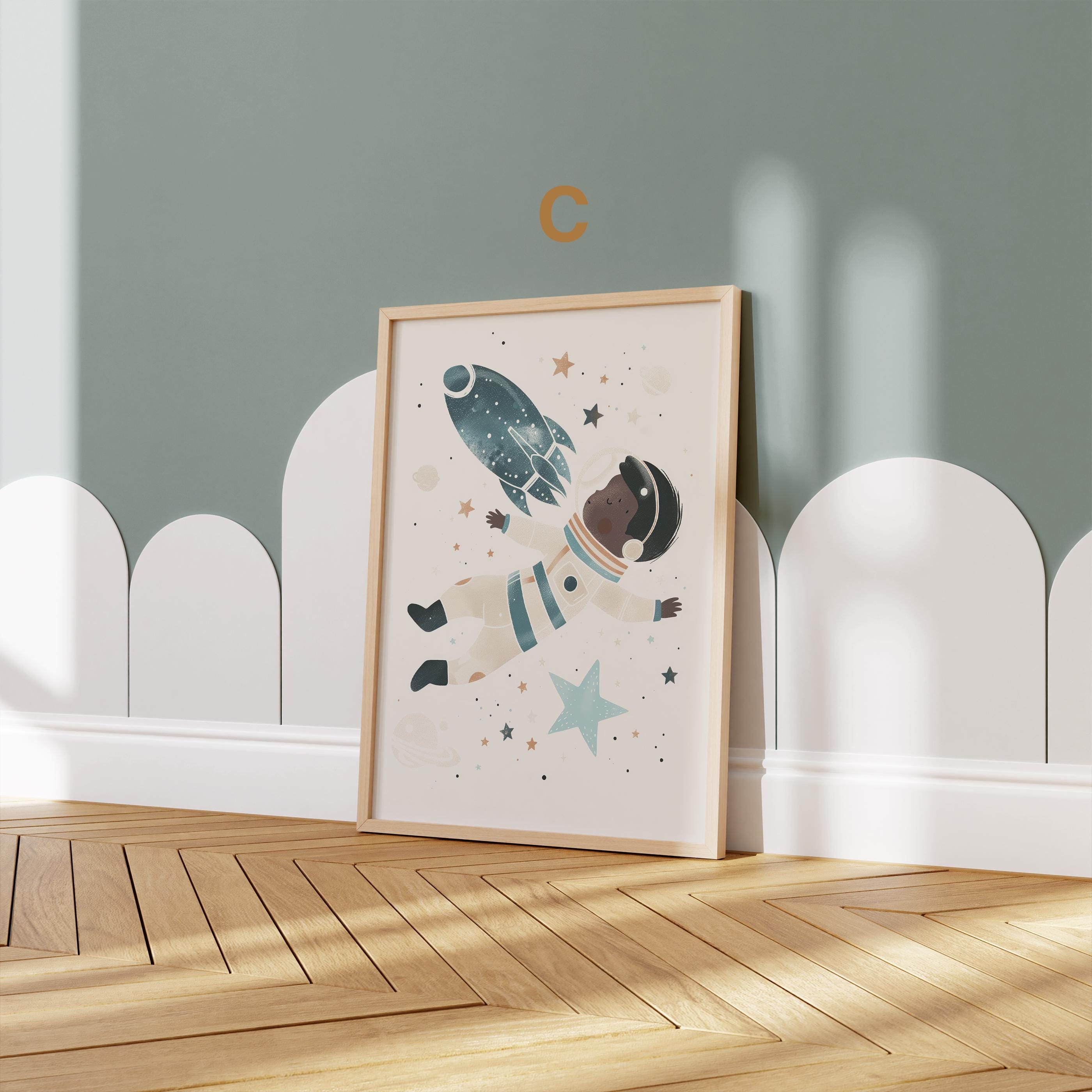 Astronaut Poster Kinderzimmer · Geschenkidee für Kinder · Kinderzimmer Deko  · Weltraum Rakete & Planeten · Deko Print ohne Rahmen