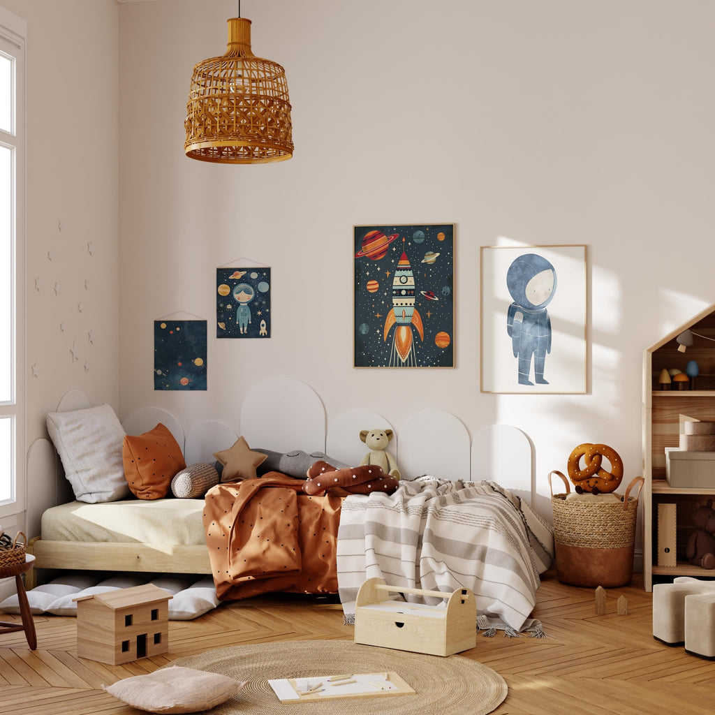 Astronaut Poster Kinderzimmer · Geschenkidee für Kinder · Kinderzimmer Deko  · Weltraum Rakete & Planeten · Deko Print ohne Rahmen