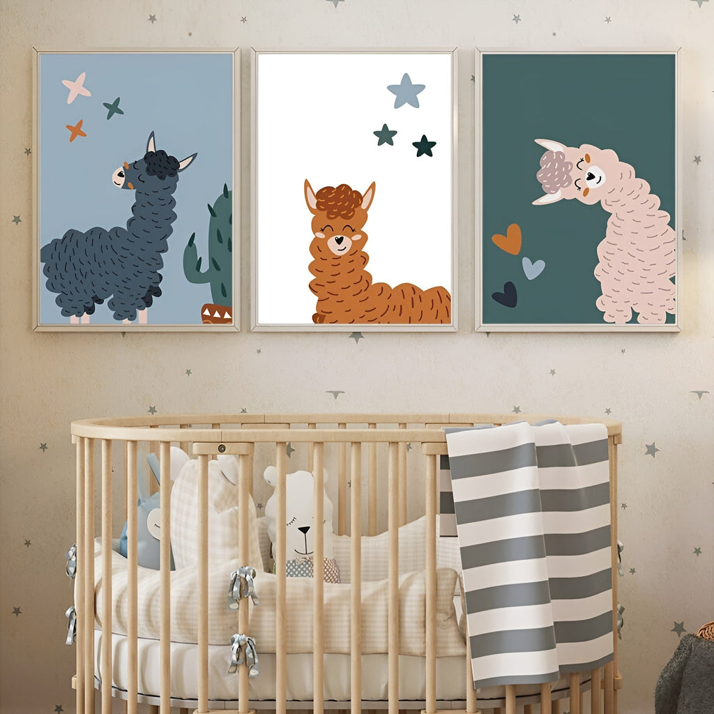 Poster Kinderzimmer Alpaka Regenbogen Kaktus Zeichentrick · Kinderzimmer Bilder · Wand Deko · Kunst Druck · Deko Print · ohne Rahmen