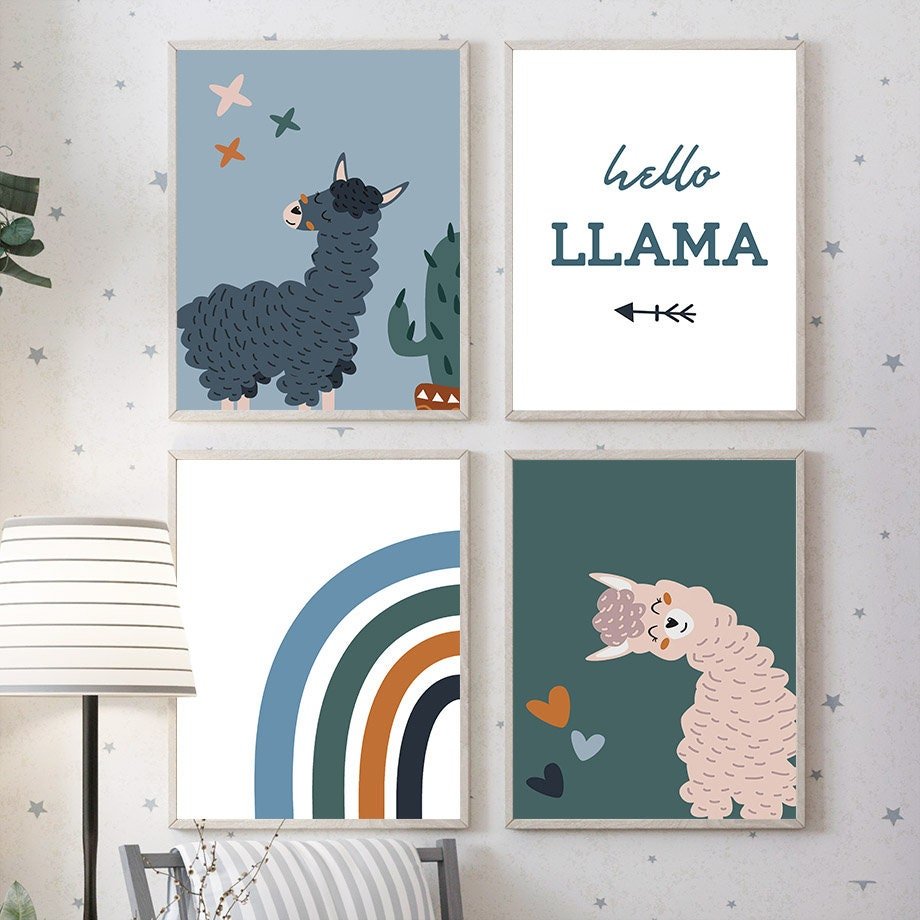 Poster Kinderzimmer Alpaka Regenbogen Kaktus Zeichentrick · Kinderzimmer Bilder · Wand Deko · Kunst Druck · Deko Print · ohne Rahmen