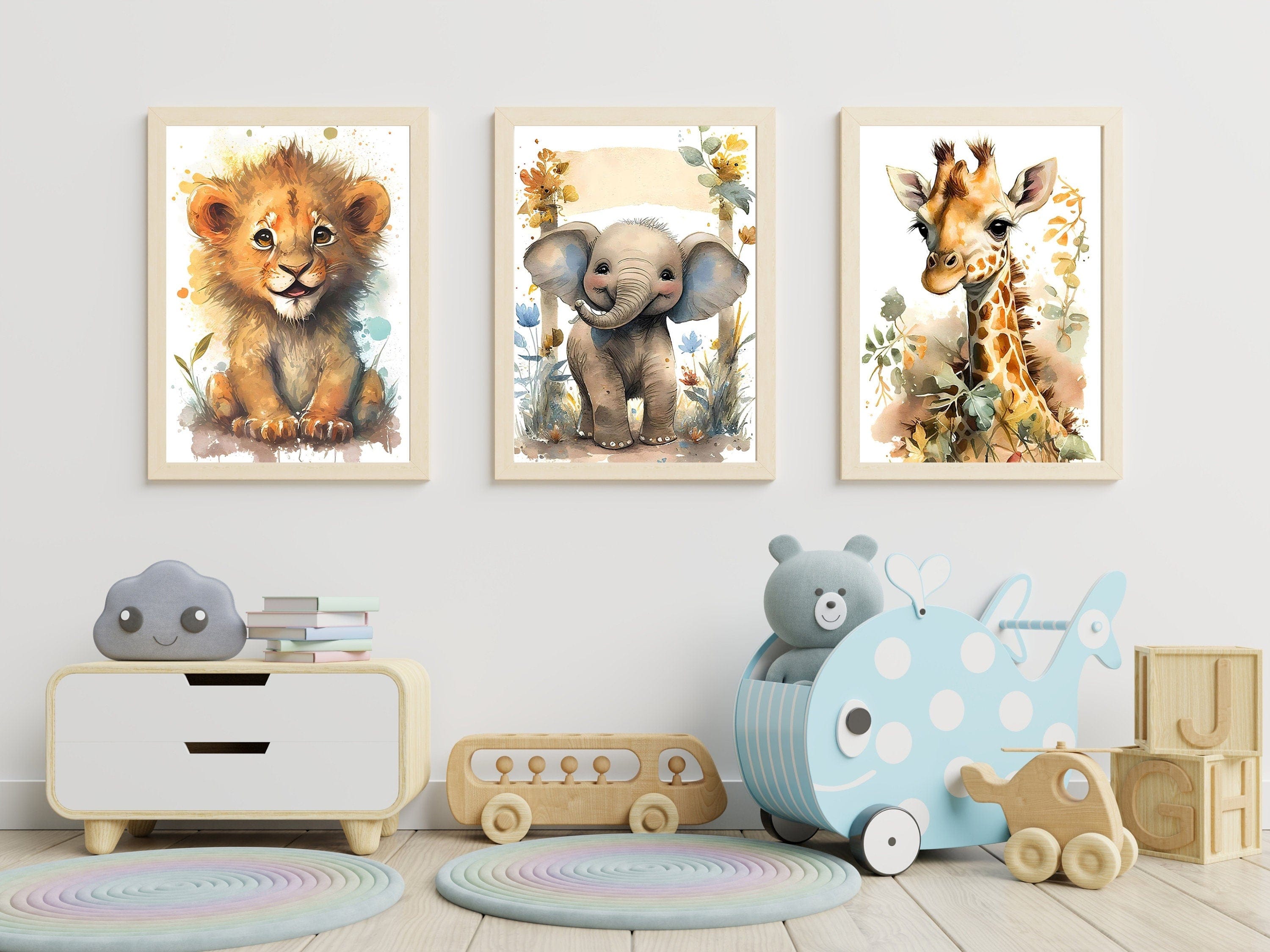 Poster Kinderzimmer Tiere Wald Dschungel Aquarell Löwe Elefant · Kinderzimmer Bilder · Wand Deko · Kunst Druck · Deko Print · ohne Rahmen