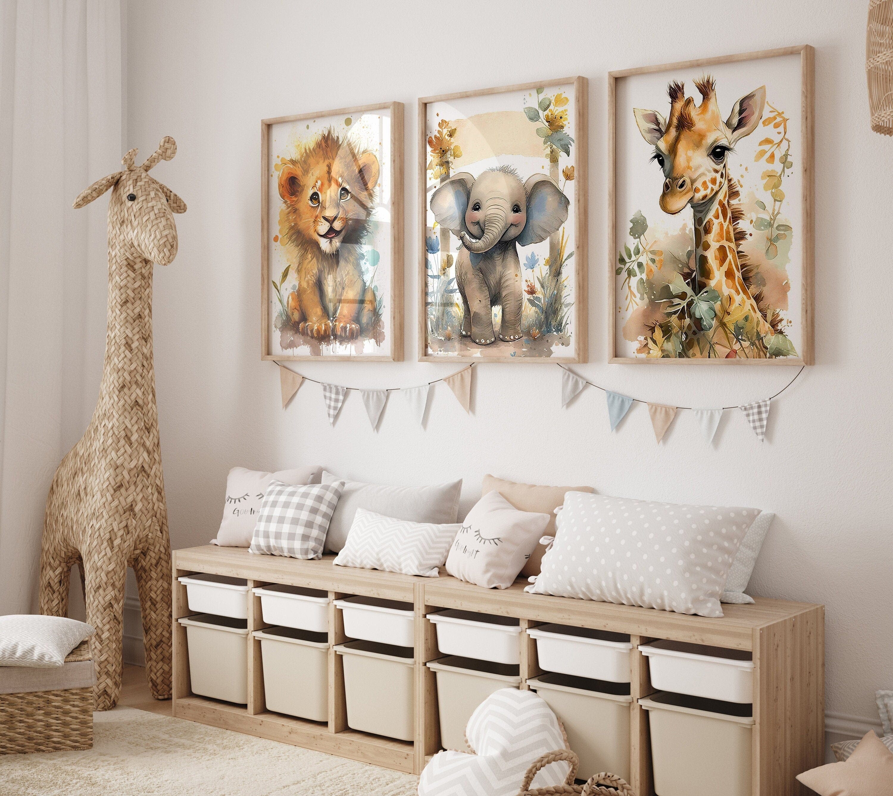 Poster Kinderzimmer Tiere Wald Dschungel Aquarell Löwe Elefant · Kinderzimmer Bilder · Wand Deko · Kunst Druck · Deko Print · ohne Rahmen