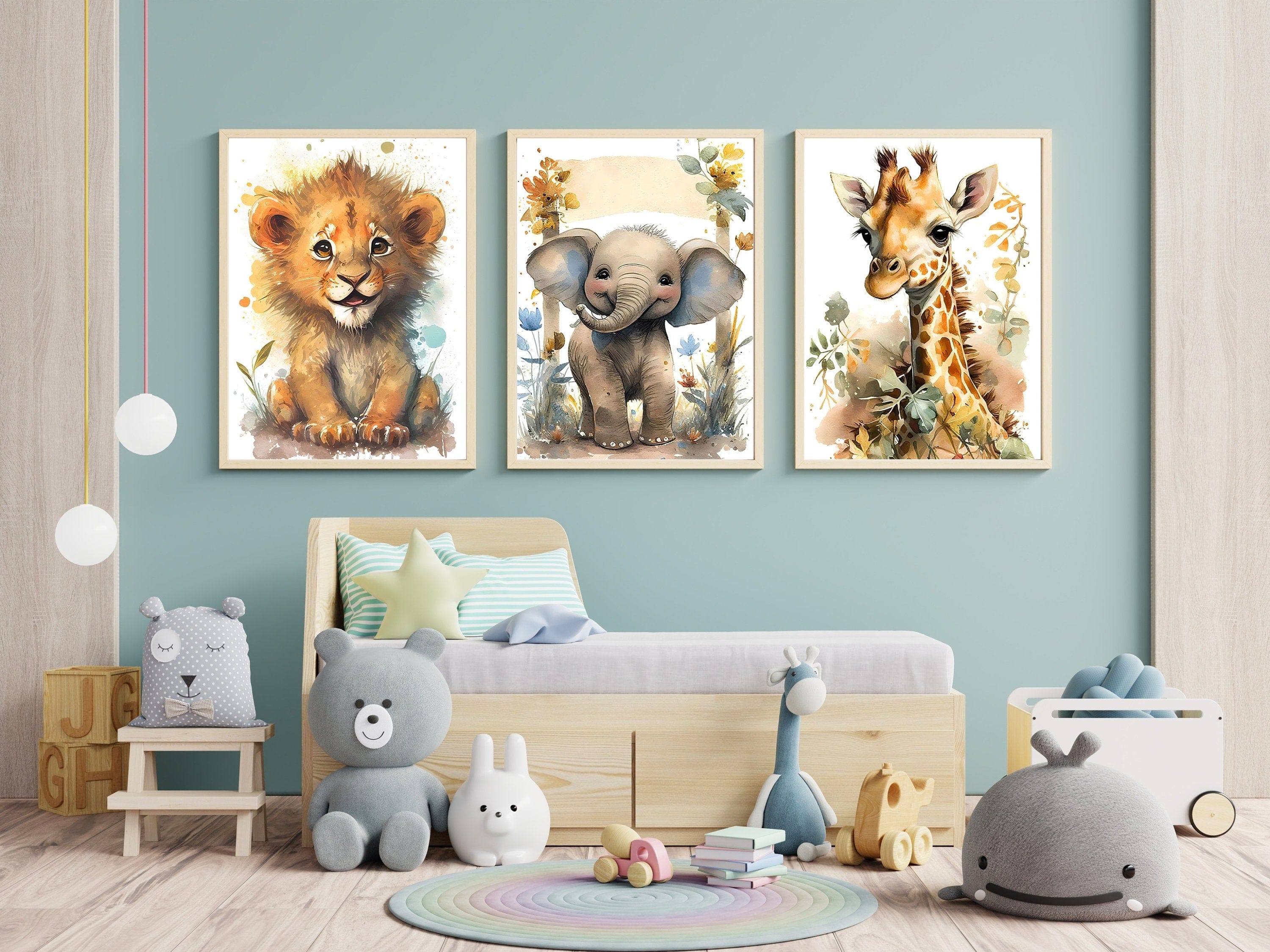 Poster Kinderzimmer Tiere Wald Dschungel Aquarell Löwe Elefant · Kinderzimmer Bilder · Wand Deko · Kunst Druck · Deko Print · ohne Rahmen